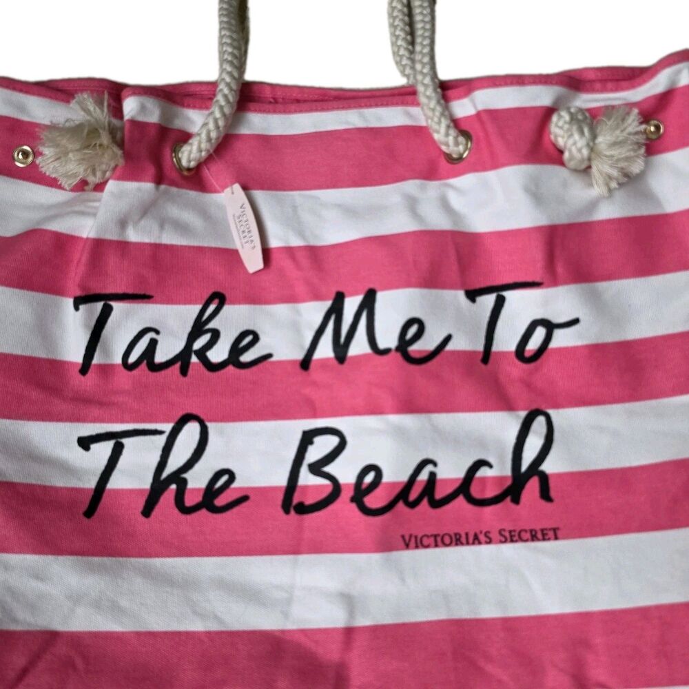 NEW Victorias Secret Striped Huge Pink And White Canvas Tote Bag Shopping Beach - Picture 2 of 10